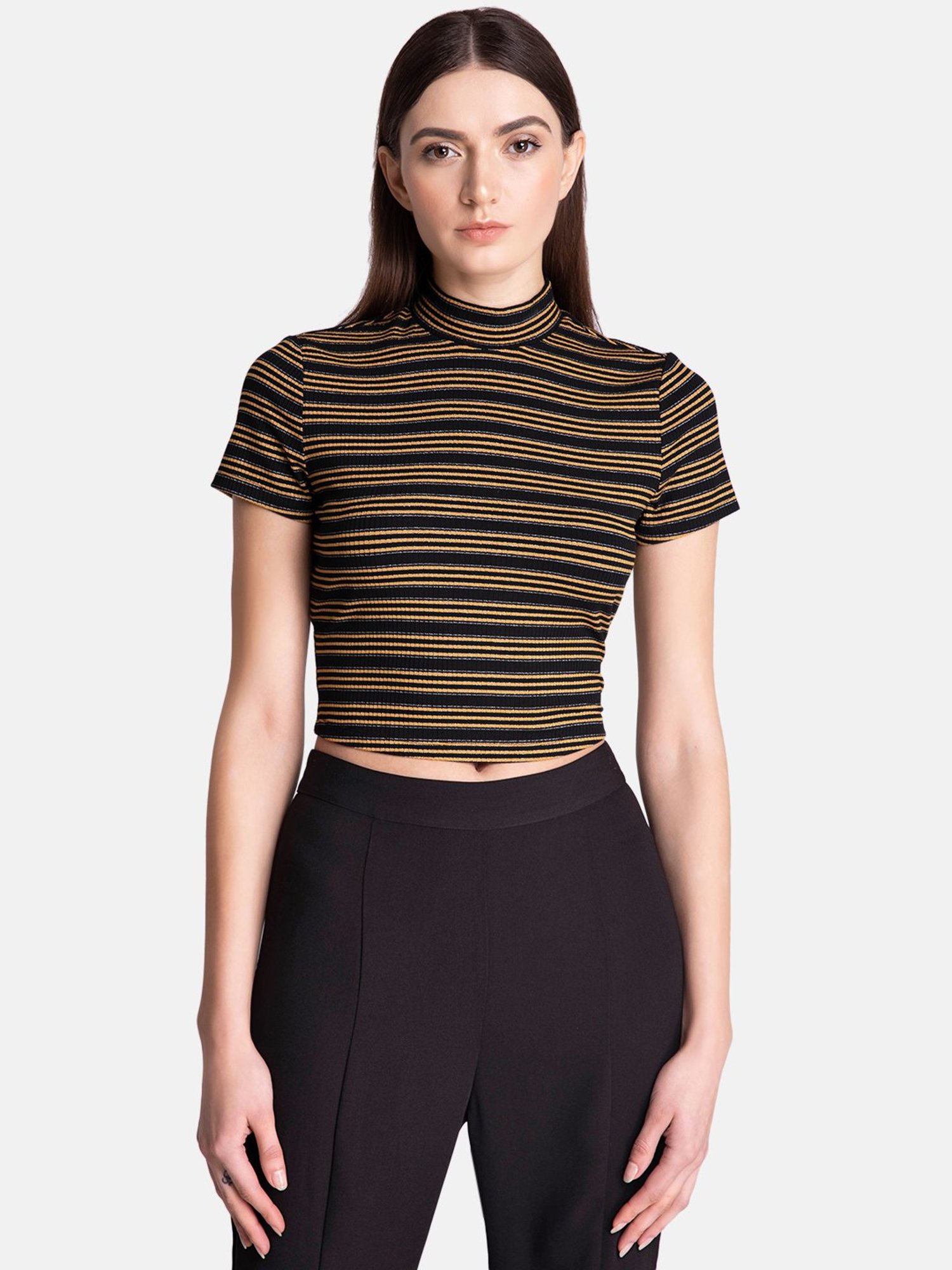 black and yellow striped crop top