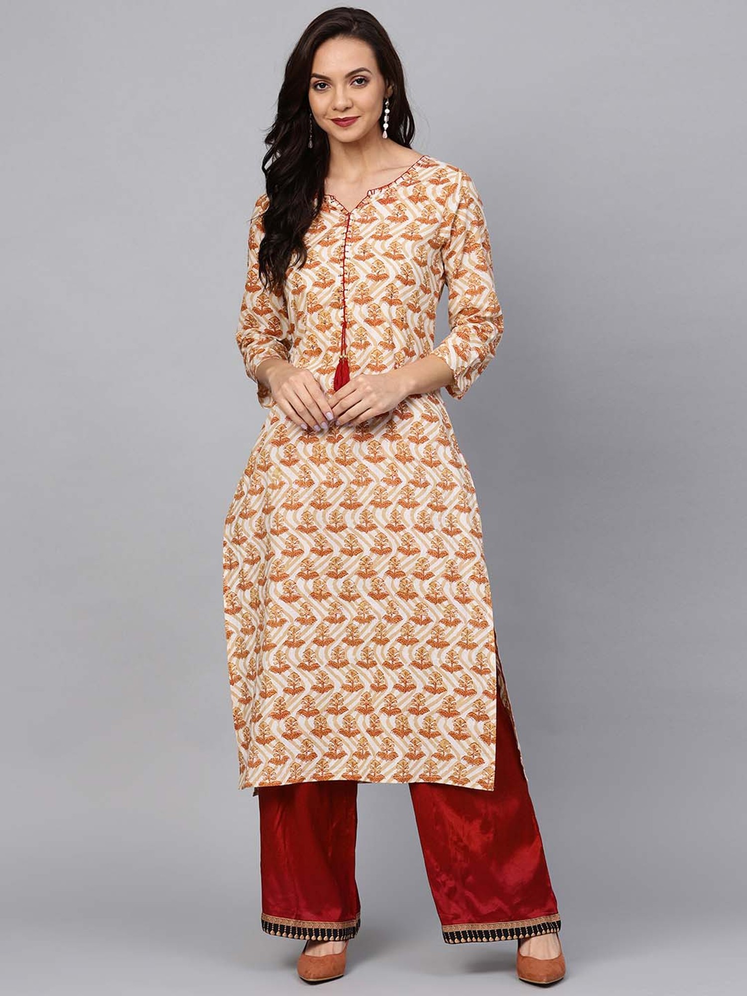Buy VARANGA Rust Embellished Mandarin Cotton Women's Straight Kurta |  Shoppers Stop