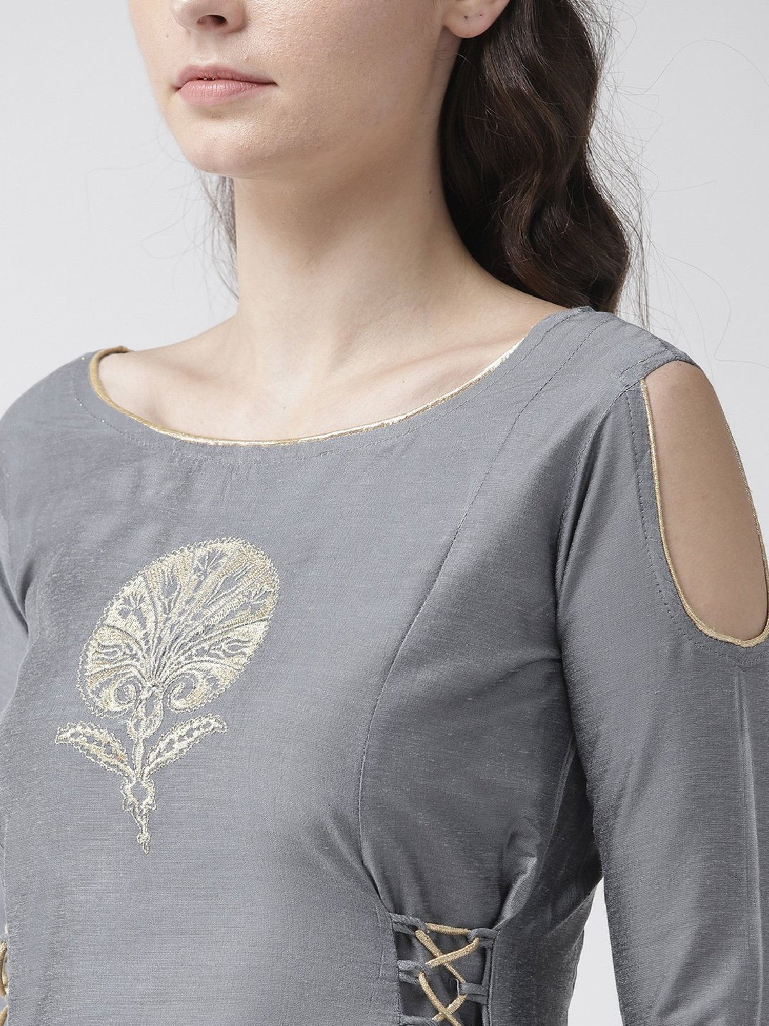 Beige Embroidered Kurti Leggings Set 