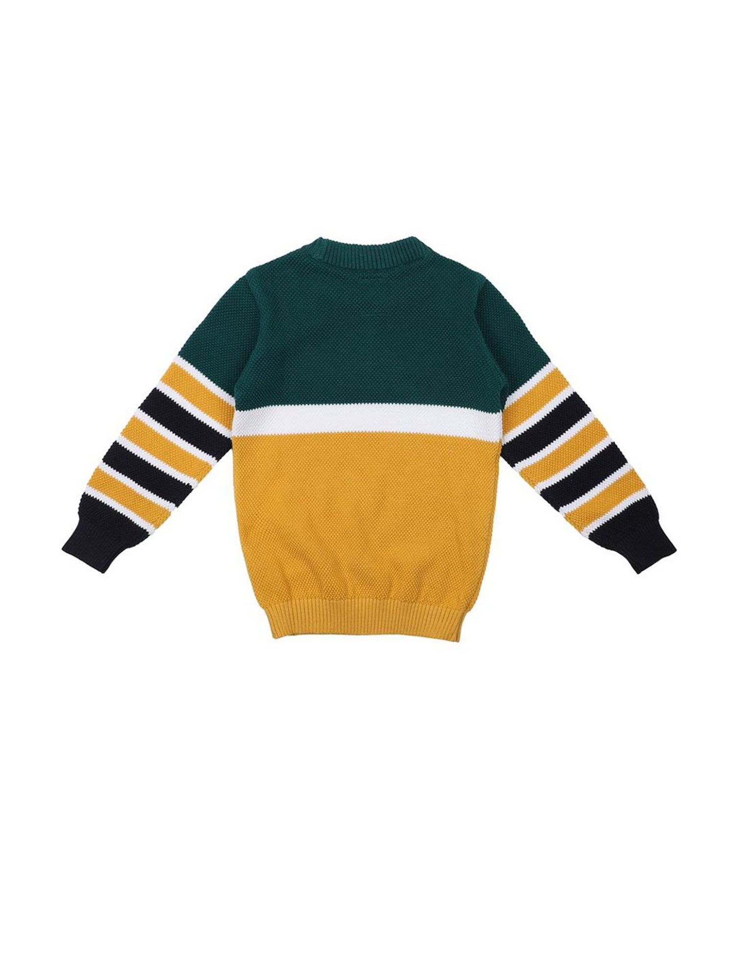 green sweater with yellow stripe