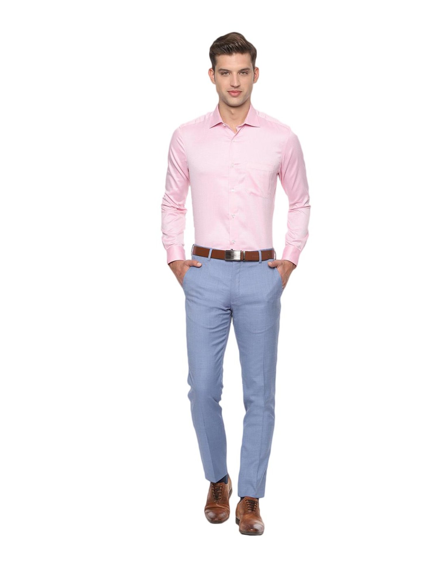 Men wears navy blue jacket, pink shirt & light grey pants color  coordination for men who seeking for amazing… | Mens outfits, Mens fashion  suits, Blue blazer outfit