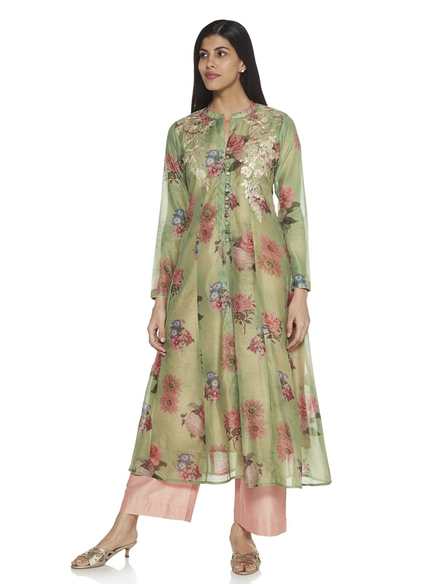 Buy Vark Floral Embroidered Yoke Light Green Kurta with Palazzos & Dupatta  from Westside