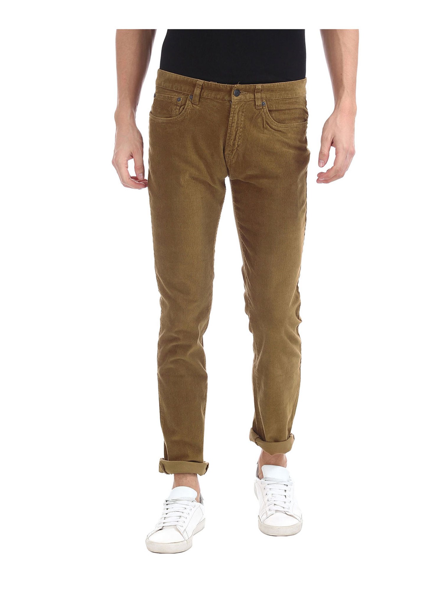Buy COLOR PLUS Dark Brown Mens Flat Front Slim Fit Solid Corduroy Trouser   Shoppers Stop