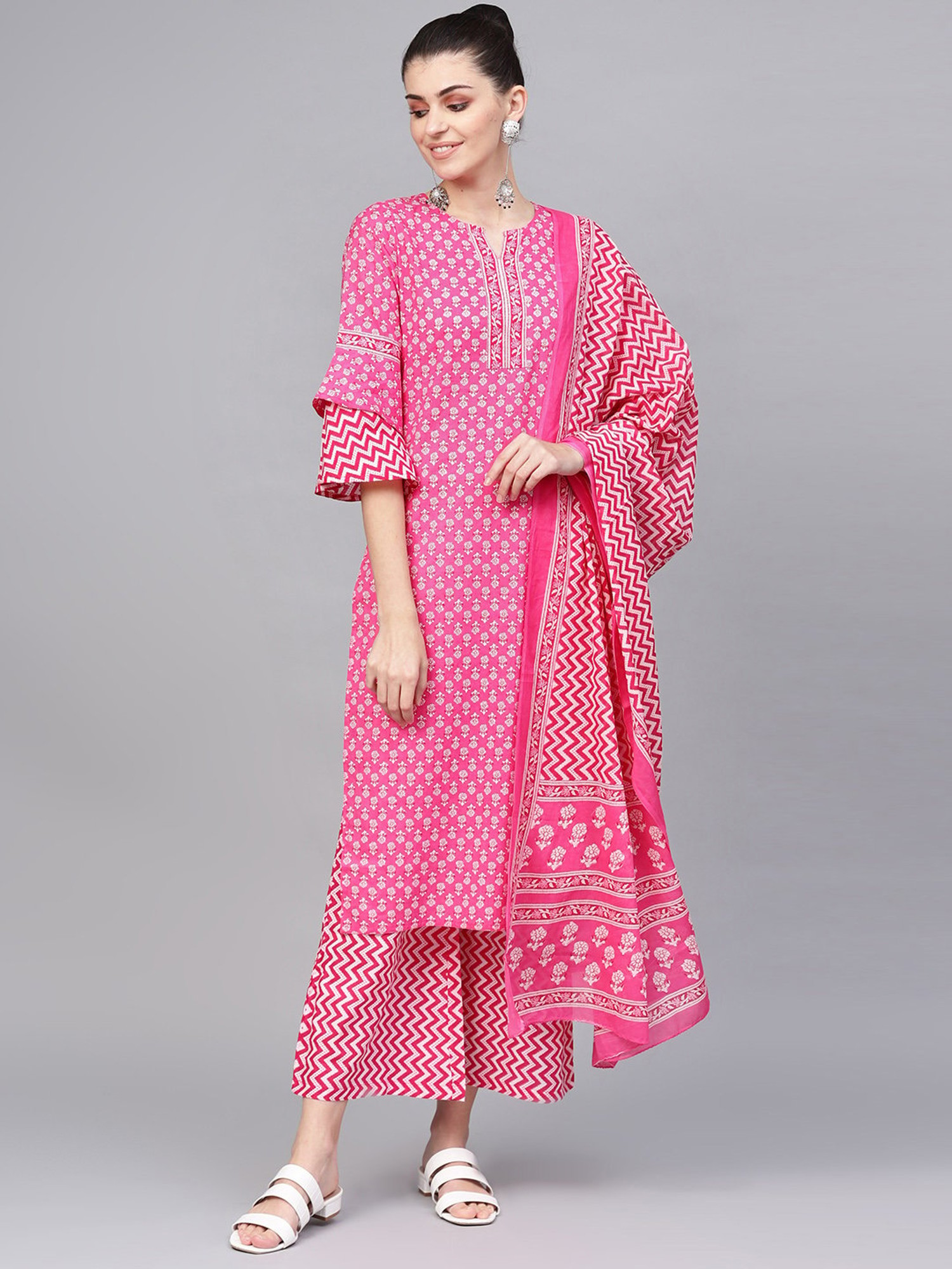 Charming Pink Colored Party Wear Embroidered Khadi Cotton KurtiPalazzo Set