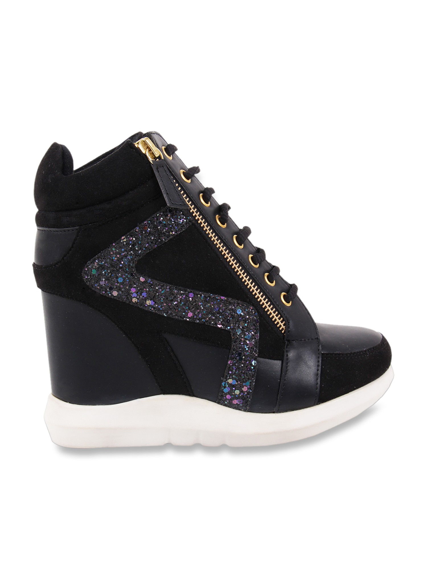 Black Snakeskin Print Textured Wedge Sneaker with Zippers | Lime Lush