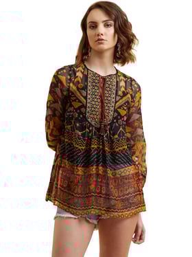 Label Ritu Kumar Navy & Yellow Embroidered Top With Camisole