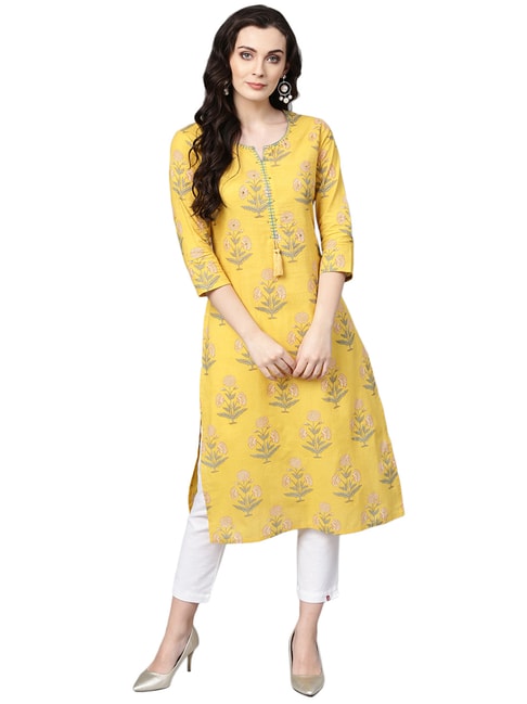 Buy Varanga Yellow Cotton Floral Print Straight Kurti for Women Online ...