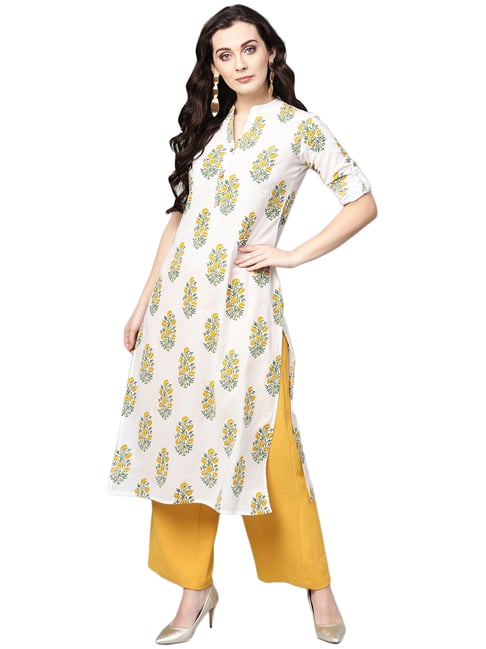 Varanga White Cotton Floral Print Straight Kurti