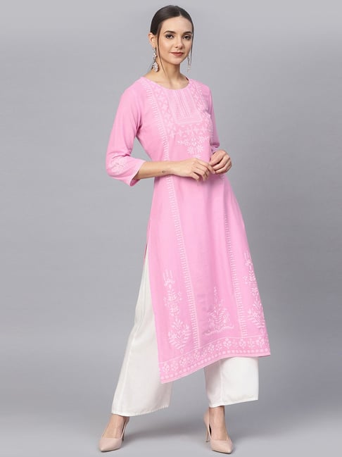 Baby Pink Flowered Embroidered Silk Kurti | Kashmiri Kurtis | Kashmir Box –  KashmirBox.com