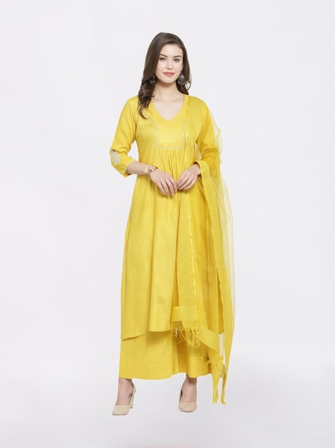 women's embroidered/solid straight rayon yellow kurti with palazzo set -  Vbuyz - 3195328