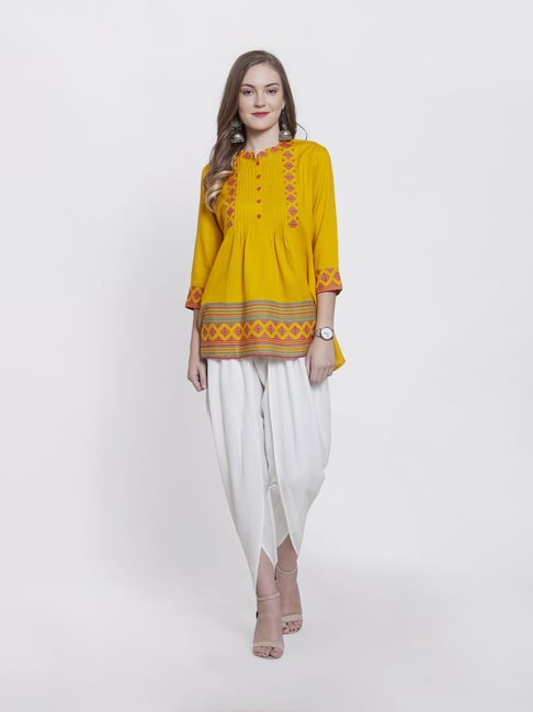 Varanga Mustard & White Printed Tunic With Dhoti Pants