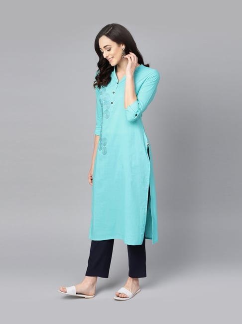 Buy Varanga Sky Blue Cotton Printed Straight Kurti for Women