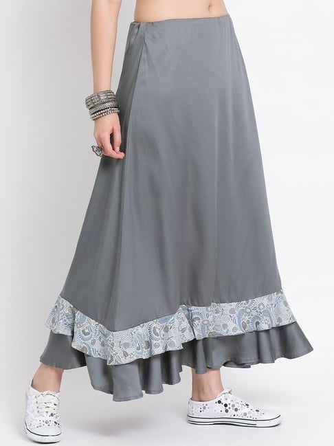 Lela Grey Stone Long Skirt With Printed Frill At Bottom-picture-32