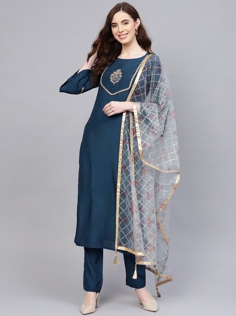 Buy Gold Silk And Brocade Blend Floral Gracy Pakistani Kurta And Pant Set  For Women by Monk & Mei Online at Aza Fashions.