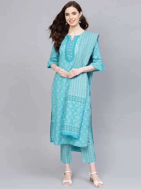 Jaipur Kurti kurtaset  Buy Jaipur Kurti Women Grey Ethnic Motifs Print  Aline Cotton Flared Kurta With Pants Online  Nykaa Fashion