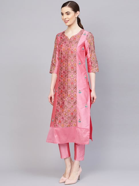 Buy Jaipur Kurti Pink Embroidered Kurti Pant Set for Women Online