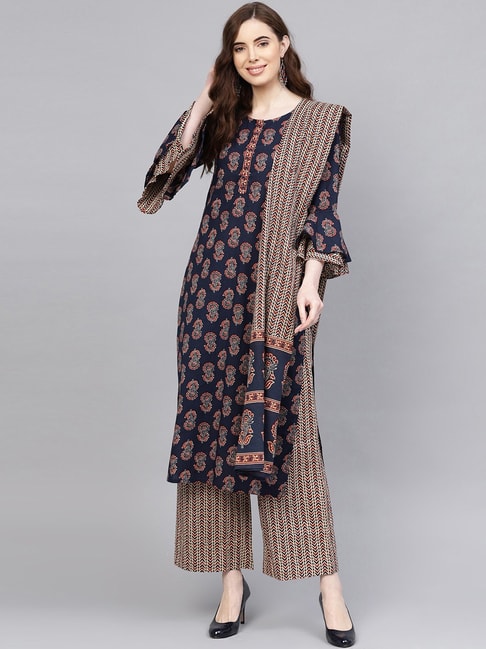 Multicoloured Printed Cotton Kurti with Lakhnawi Cotton Palazzo Kurti Set  Online in India  Colorauction