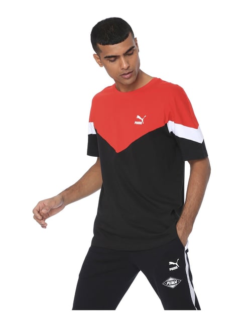 Buy Puma Black Red Cotton Regular Fit Color Block Sports T-Shirt