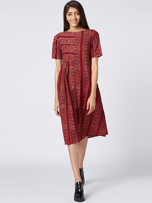 Okhai Maroon Shyra Cotton Embroidered A-Line Dress Price in India