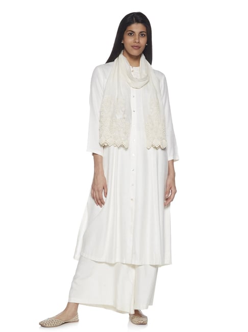 Zuba by Westside Off White Silk Blend Embroidered Stole