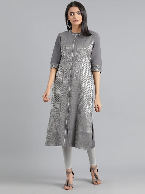 W Grey Cotton Woven Pattern Straight Kurta