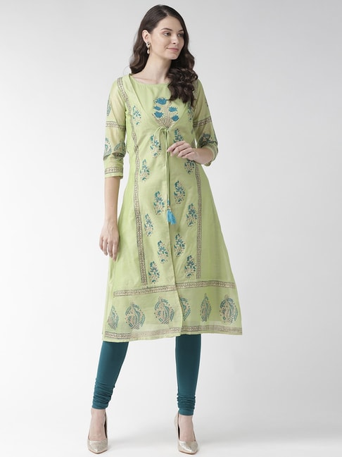 Buy Rangmayee Green & Teal Blue Cotton Floral Print Kurti Leggings Set ...