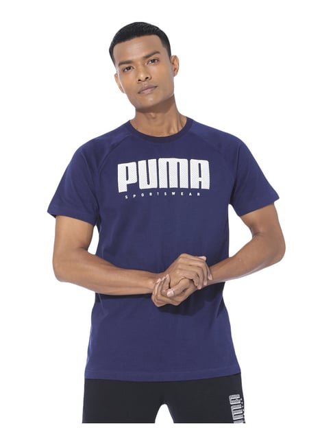 Buy Puma Peacoat Cotton Regular Fit Logo Printed Sports T-Shirt for Mens  Online @ Tata CLiQ