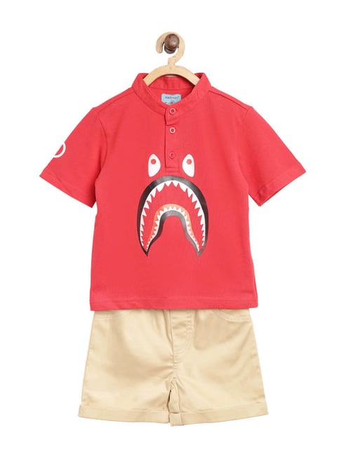 Nauti Nati Kids Red & Beige Printed T-Shirt With Shorts