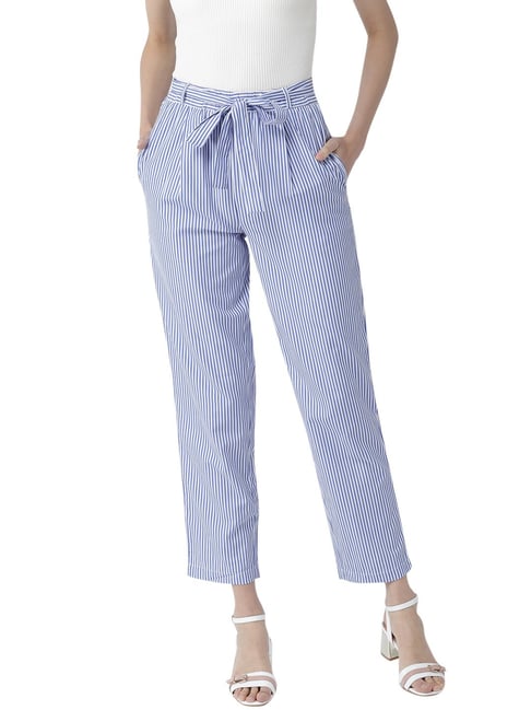 Buy online Blue Pleated Striped Trouser from bottom wear for Women by  Showoff for ₹1039 at 65% off | 2024 Limeroad.com