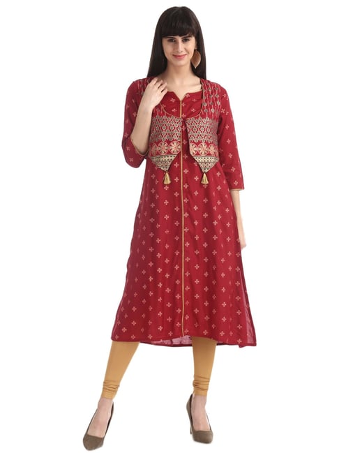 Anahi by Unlimited Maroon Printed Straight Kurti With Jacket