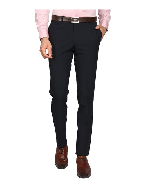 Blackberrys Navy Solid Slim Fit Flat Front Trousers