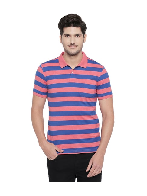 pink and blue striped polo shirt