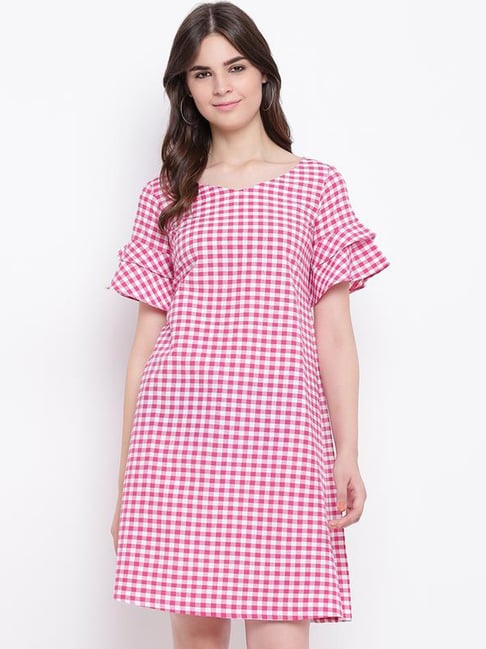 Fabnest Pink & White Cotton Chequered Shift Dress