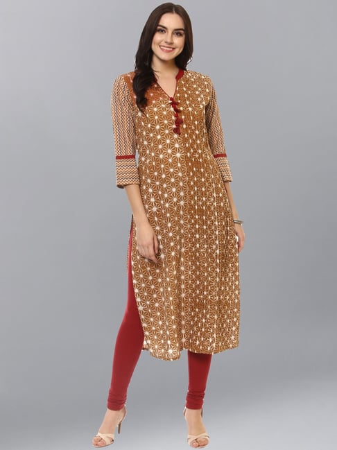 La Firangi Brown Cotton Printed Straight Kurti