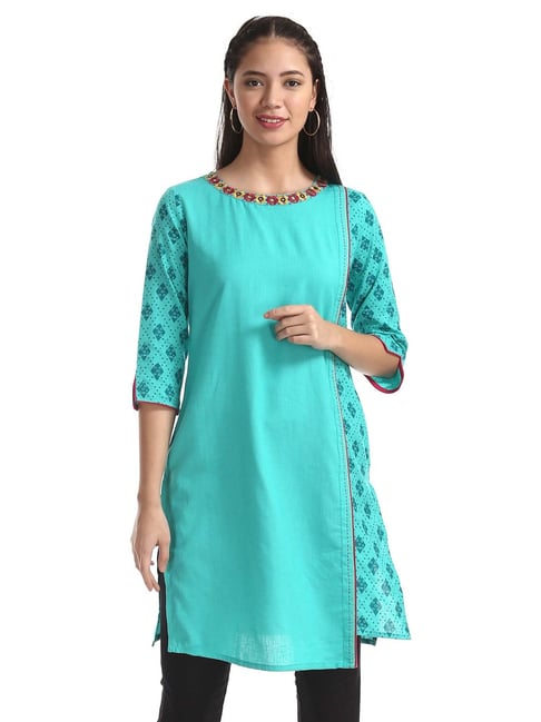 Karigari Sea Green Cotton Straight Kurti