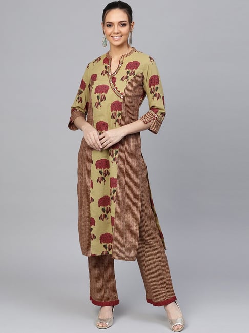 Jaipur Kurti Olive Green & Maroon Cotton Floral Print Kurti Palazzo Set Price in India