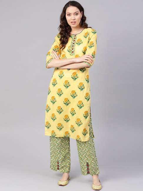 Jaipur Kurti Yellow & Green Cotton Floral Print Kurti Palazzo Set Price in India
