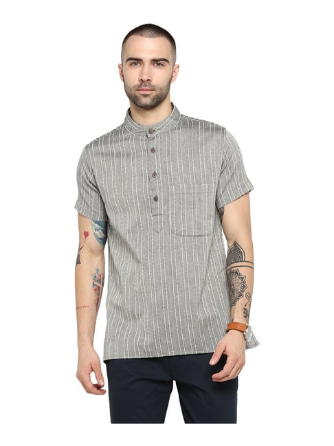 Abhiyuthan Grey Striped Mandrain Collar Kurta