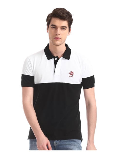 Polo Black White Cotton Regular Fit Color Block Polo T-Shirt