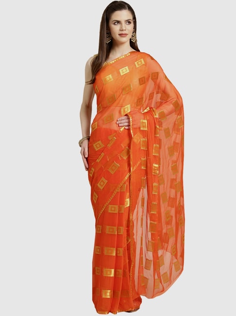 Ishin Orange Woven Saree With Blouse Price in India