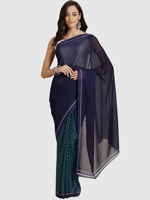 Ishin Navy & Green Printed Saree With Blouse Price in India