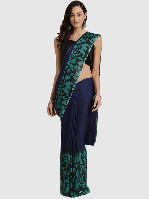 Ishin Navy & Green Printed Saree With Blouse