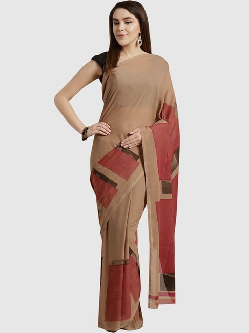 Ishin Beige Printed Saree With Blouse Price in India