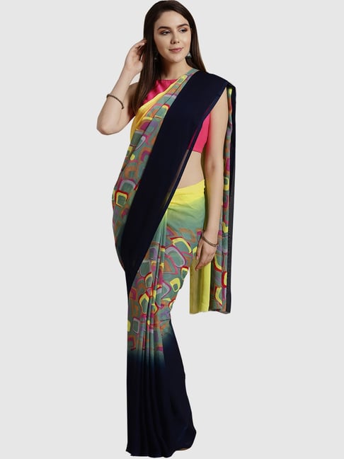 Ishin Green & Navy Printed Saree With Blouse