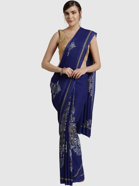 Ishin Navy Printed Saree With Blouse