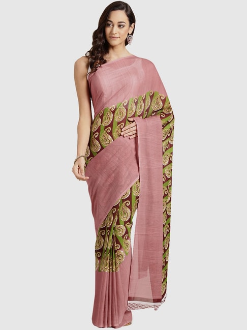 Ishin Peach & Brown Paisley Printed Saree With Blouse Price in India