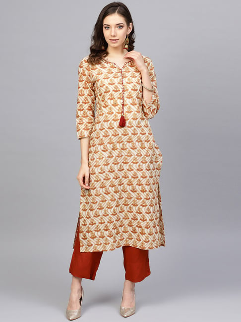 Buy Varanga Beige & Rust Cotton Printed Kurti Pant Set for Women Online ...