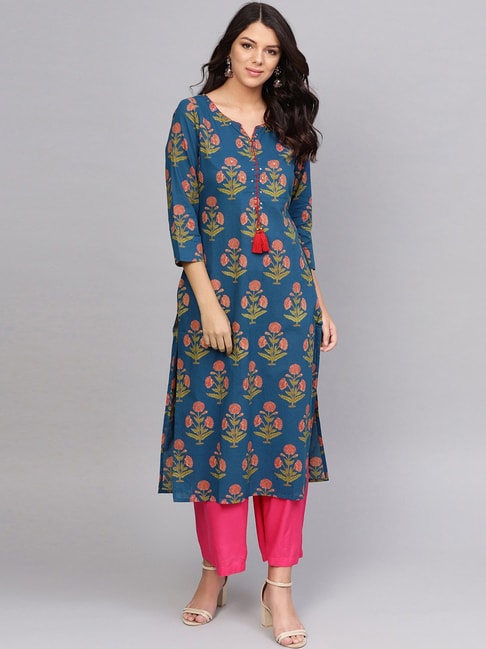 varanga-women-grey-pink-floral-print-angrakha-gotta-patti-pure-cotton-kurta-with-sharara  - Varanga - 3905947