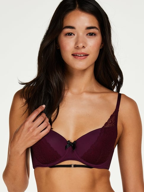 Buy Hunkemoller Wine Lace Under-Wired Padded Demi Cup Bra for