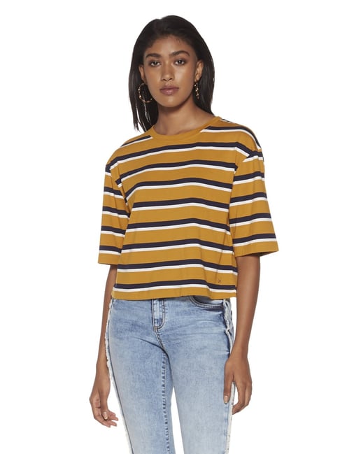 Nuon by Westside Mustard Stripe Print Cotton T-Shirt